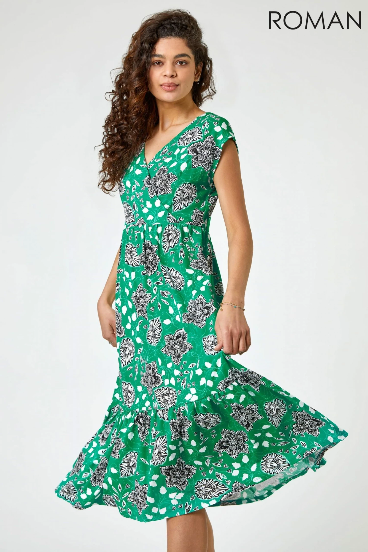 Roman Green Floral Paisley Wrap Tiered Midi Dress 3 Roman Green Floral Paisley Wrap Tiered Midi Dress