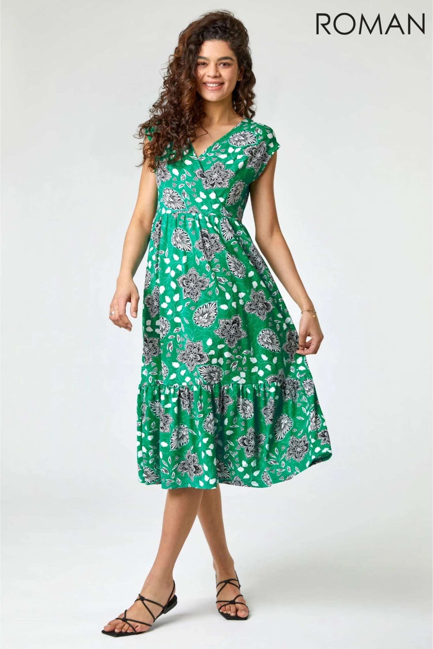 Roman Green Floral Paisley Wrap Tiered Midi Dress 4 Roman Green Floral Paisley Wrap Tiered Midi Dress - Image 2