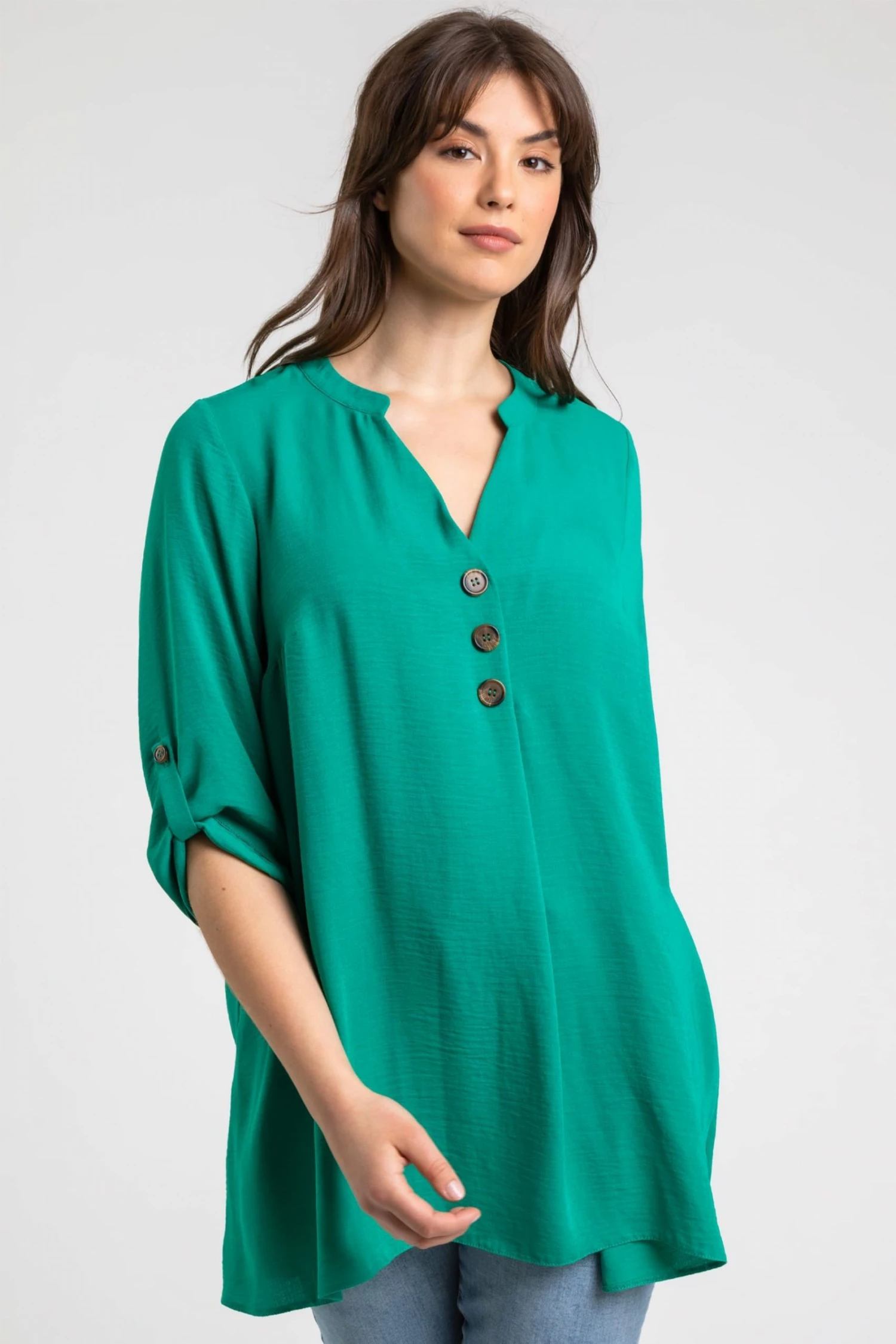 Roman Green Curve Longline Button Detail Top 3 Roman Green Curve Longline Button Detail Top