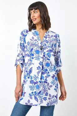 Roman Blue Floral Print Notch Neck Blouse