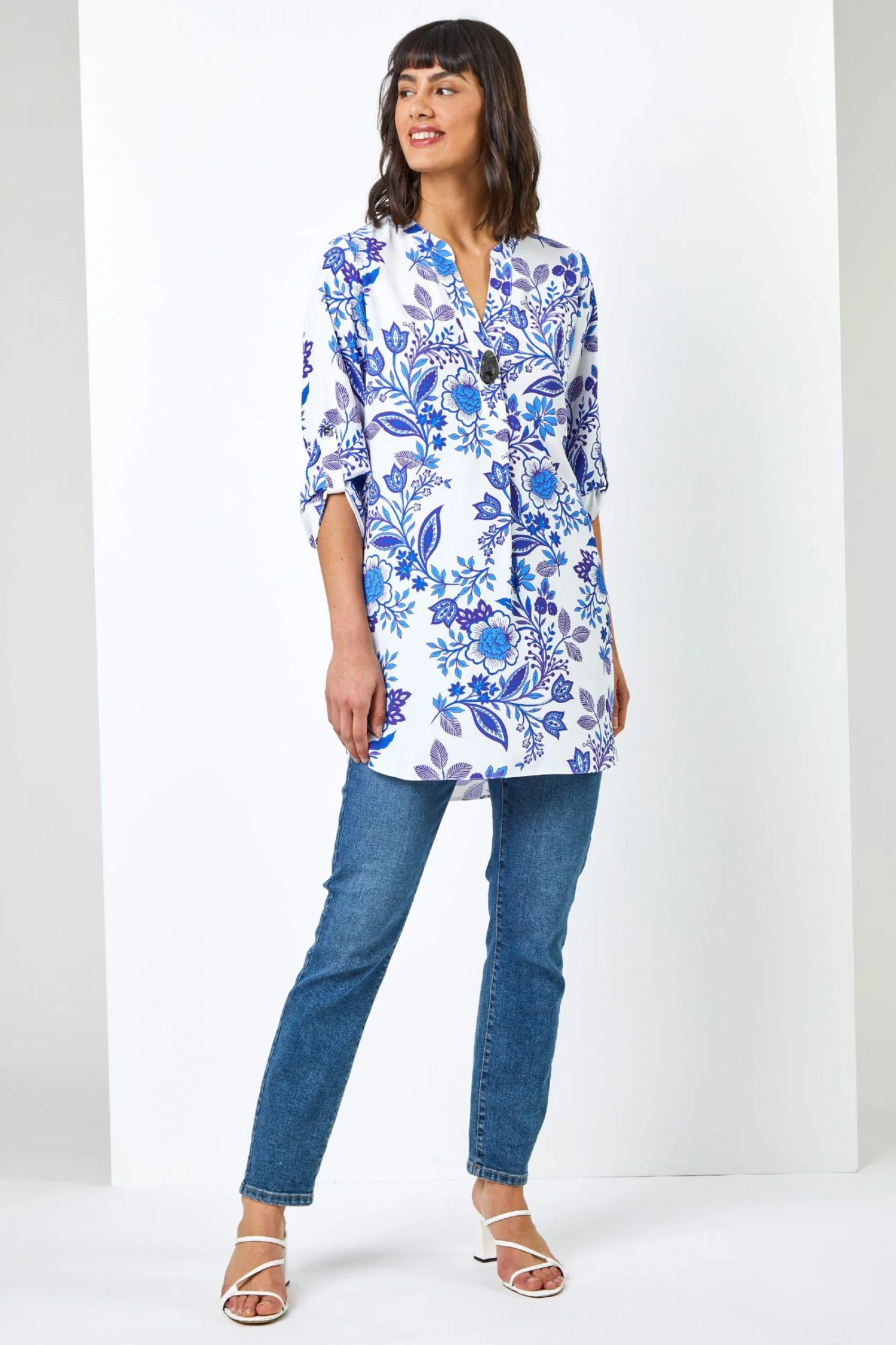 Roman Blue Floral Print Notch Neck Blouse 5 Roman Blue Floral Print Notch Neck Blouse - Image 3