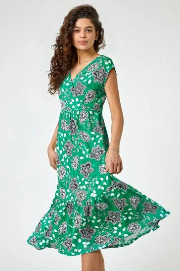 Roman Green Floral Paisley Wrap Tiered Midi Dress 7 Roman Green Floral Paisley Wrap Tiered Midi Dress - Image 5