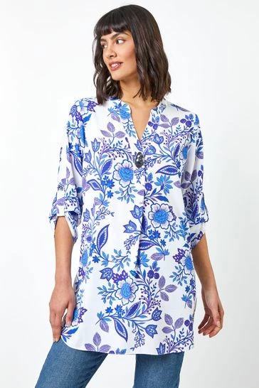 Roman Blue Floral Print Notch Neck Blouse 7 Roman Blue Floral Print Notch Neck Blouse - Image 5