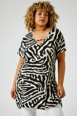 Roman Black Curve Animal Print Cross Detail Top
