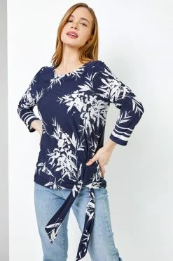 Roman Blue Petite Floral Print Tie Side Top
