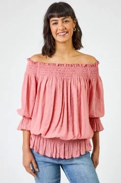 Roman Pink Shirred Bardot Frill Detail Top