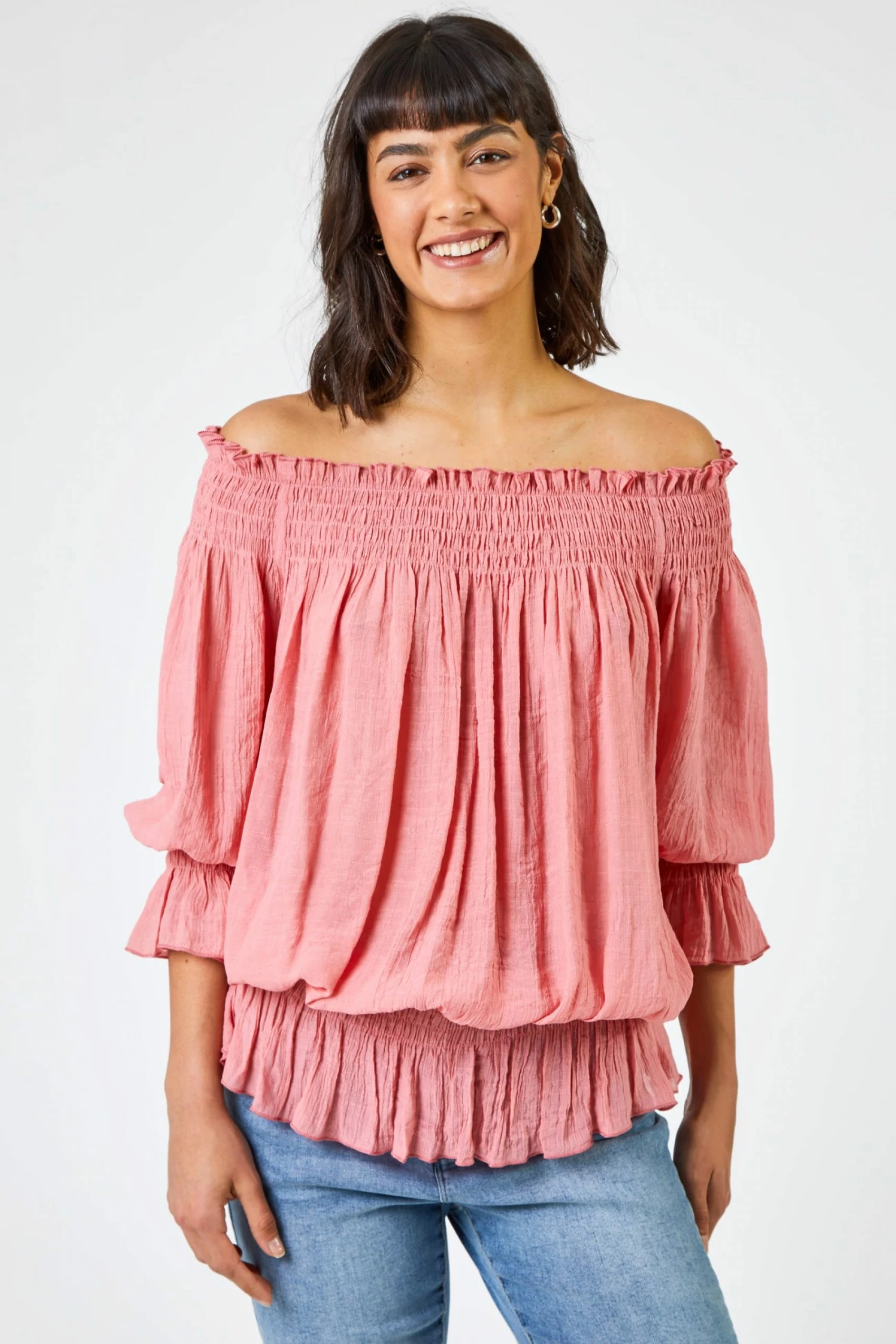 Roman Pink Shirred Bardot Frill Detail Top 3 Roman Pink Shirred Bardot Frill Detail Top