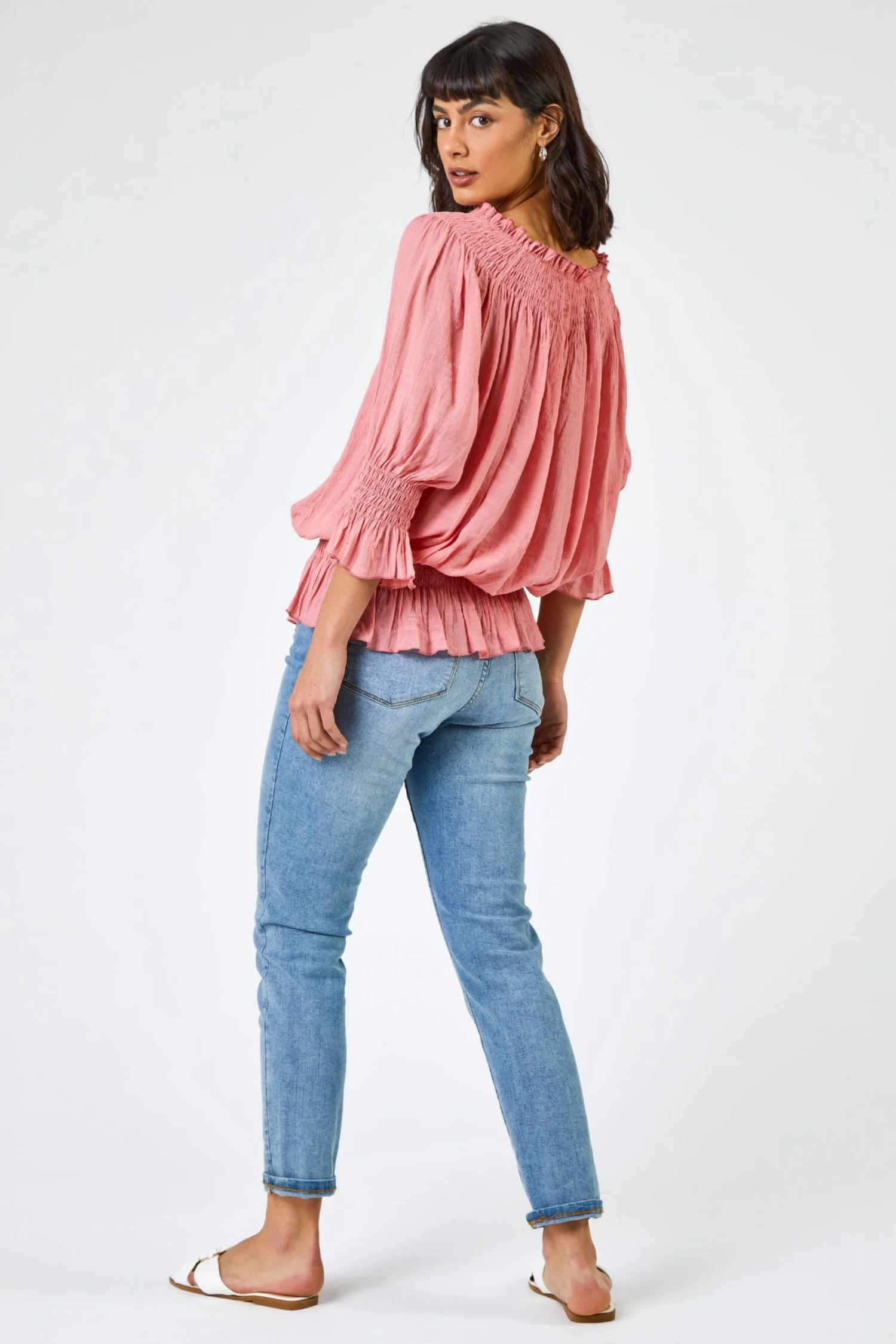 Roman Pink Shirred Bardot Frill Detail Top 4 Roman Pink Shirred Bardot Frill Detail Top - Image 2
