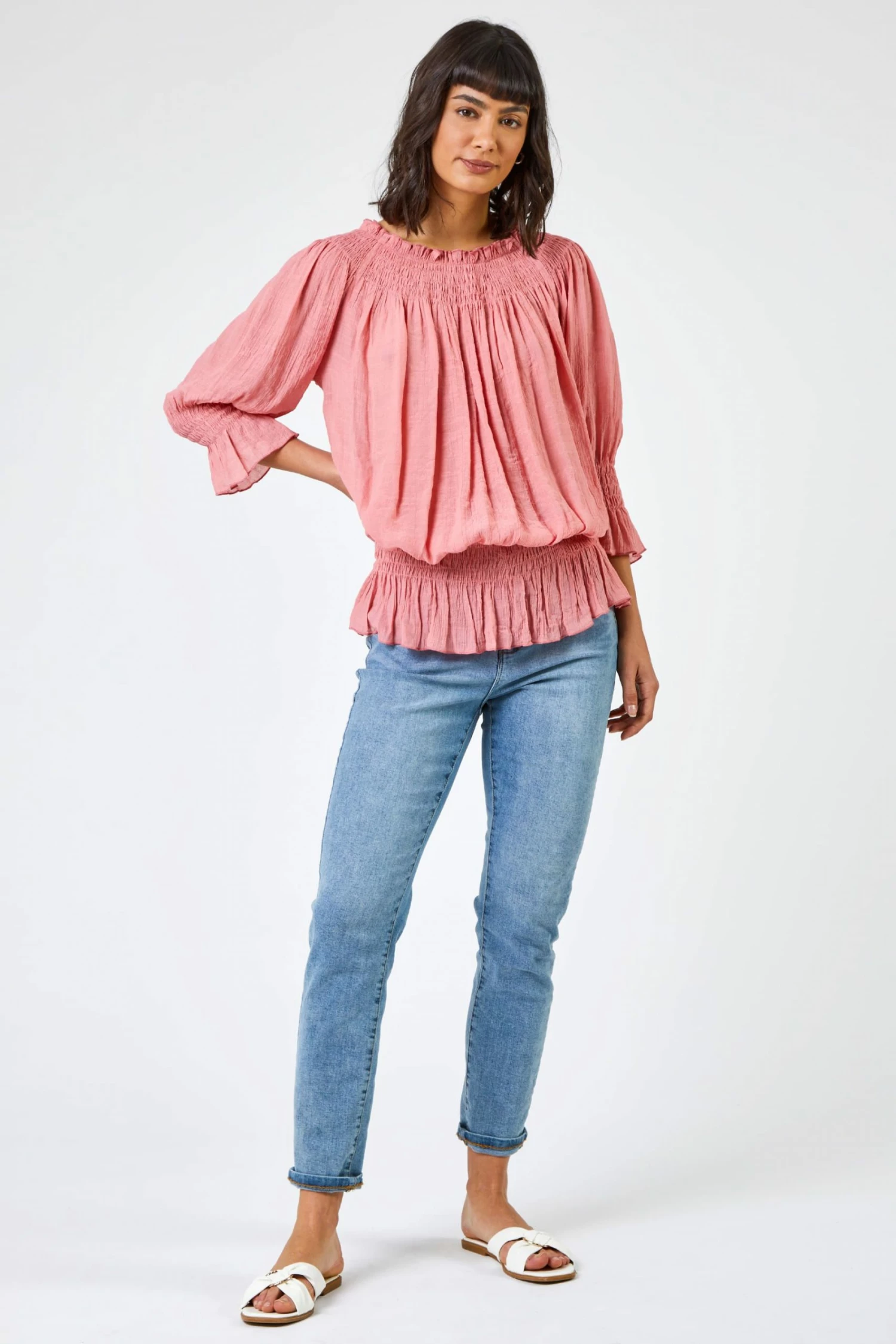 Roman Pink Shirred Bardot Frill Detail Top 5 Roman Pink Shirred Bardot Frill Detail Top - Image 3