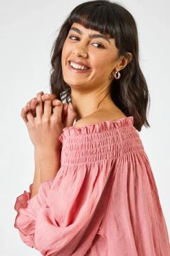 Roman Pink Shirred Bardot Frill Detail Top 10 Roman Pink Shirred Bardot Frill Detail Top -Roman Sales Shop unnamed file 6415