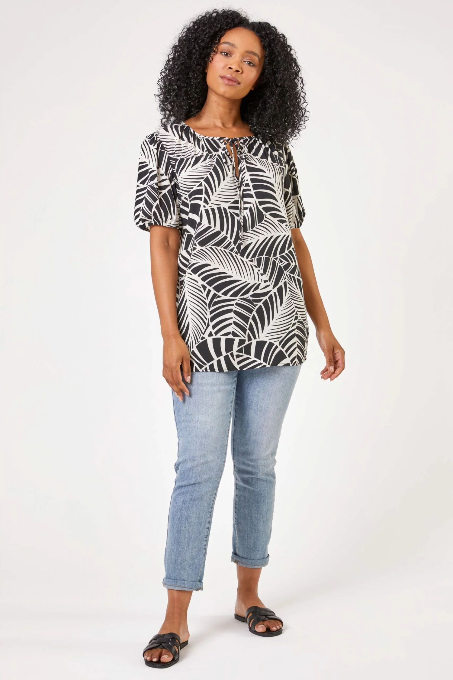 Roman Black Petite Contrast Tropical Print Neck Tie Top 4 Roman Black Petite Contrast Tropical Print Neck Tie Top - Image 2