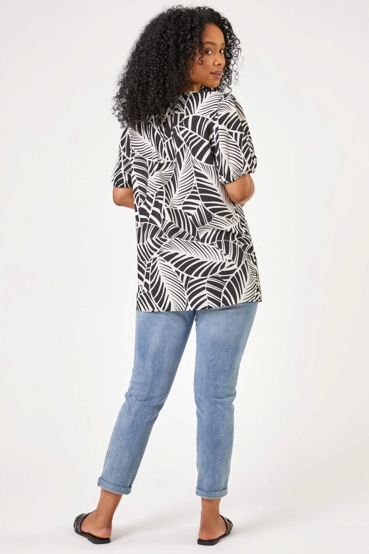 Roman Black Petite Contrast Tropical Print Neck Tie Top 5 Roman Black Petite Contrast Tropical Print Neck Tie Top - Image 3