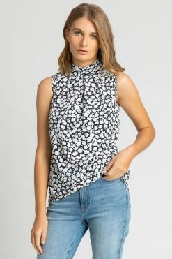 Roman Black Ditsy Floral Print High Neck Top