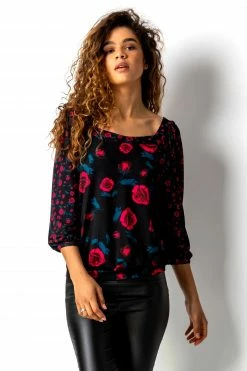 Roman Pink Contrast Floral Print Square Neck Top