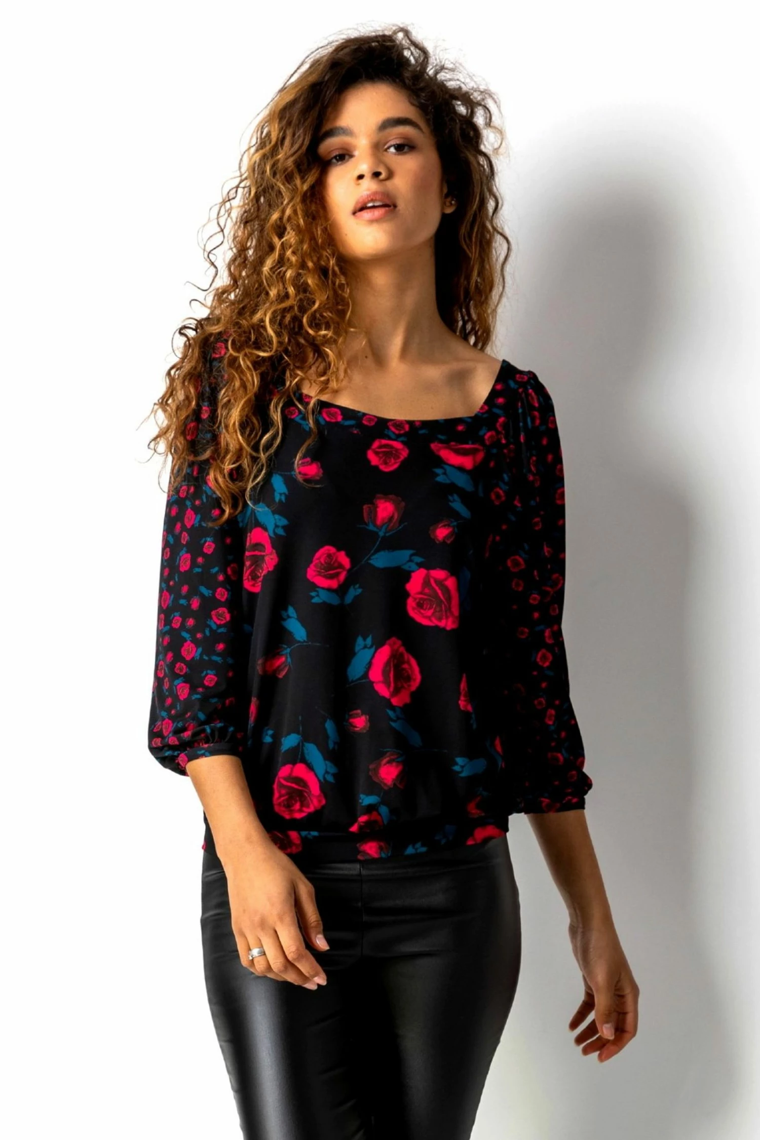 Roman Pink Contrast Floral Print Square Neck Top 3 Roman Pink Contrast Floral Print Square Neck Top
