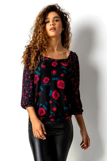 Roman Pink Contrast Floral Print Square Neck Top 7 Roman Pink Contrast Floral Print Square Neck Top - Image 5