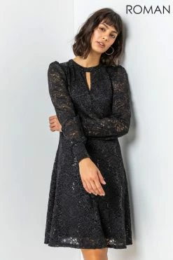 Roman Black Lace Sparkle Swing Dress