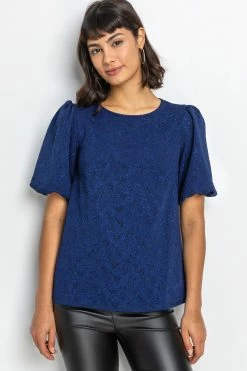 Roman Blue Floral Jacquard Puff Sleeve Top