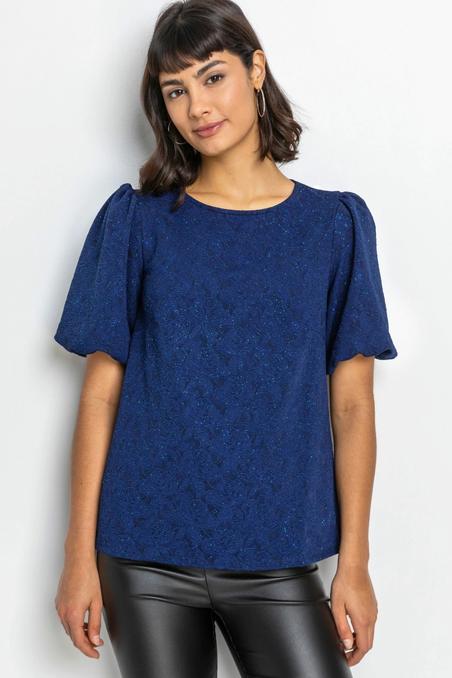 Roman Blue Floral Jacquard Puff Sleeve Top 3 Roman Blue Floral Jacquard Puff Sleeve Top