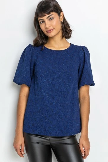 Roman Blue Floral Jacquard Puff Sleeve Top 7 Roman Blue Floral Jacquard Puff Sleeve Top - Image 5
