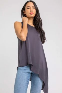 Roman Grey Embellished Neck Asymmetric Hem Top