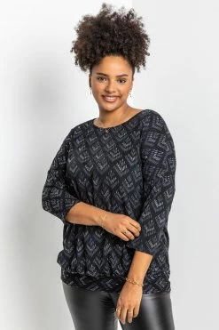 Roman Silver Curve Glitter Print Blouson Top