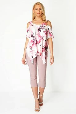 Roman Pink Cold Shoulder Floral Hanky Hem Top -Roman Sales Shop unnamed file 6483