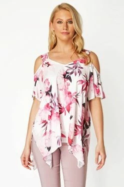 Roman Pink Cold Shoulder Floral Hanky Hem Top -Roman Sales Shop unnamed file 6486