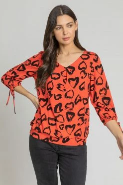 Roman Red Heart Print Blouson Top