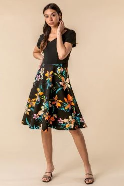Roman Black Contrast Tropical Print Fit & Flare Dress