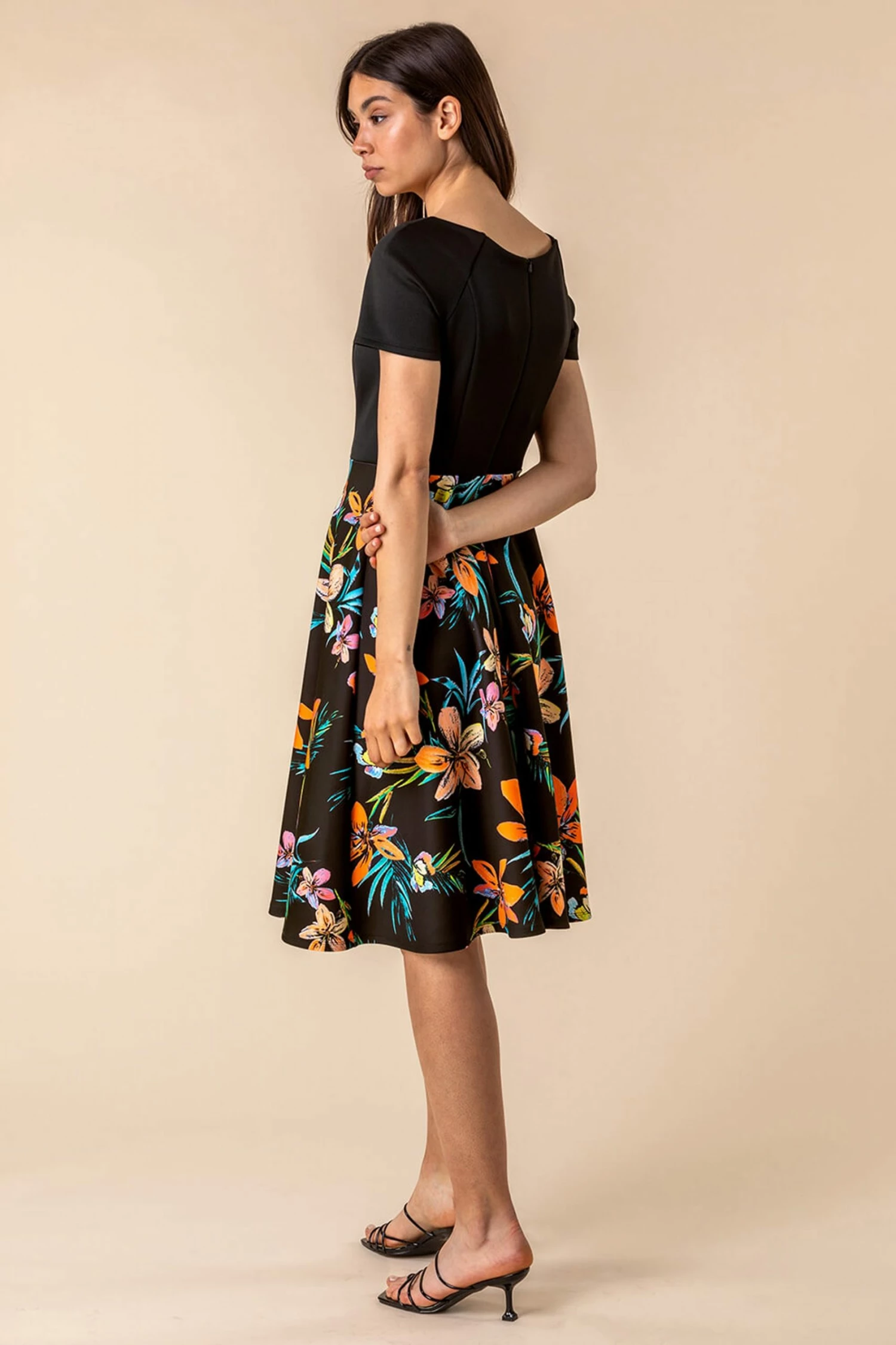 Roman Black Contrast Tropical Print Fit & Flare Dress 4 Roman Black Contrast Tropical Print Fit & Flare Dress - Image 2