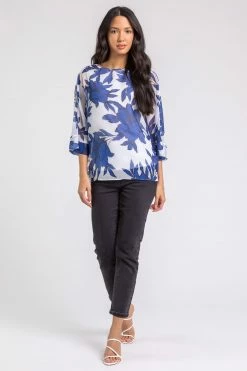 Roman Blue Floral Print Chiffon Overlay Top -Roman Sales Shop unnamed file 6501