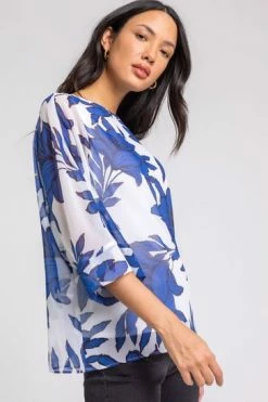 Roman Blue Floral Print Chiffon Overlay Top -Roman Sales Shop unnamed file 6503
