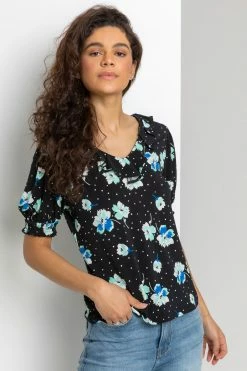 Roman Black Floral Print Frill Neck Top