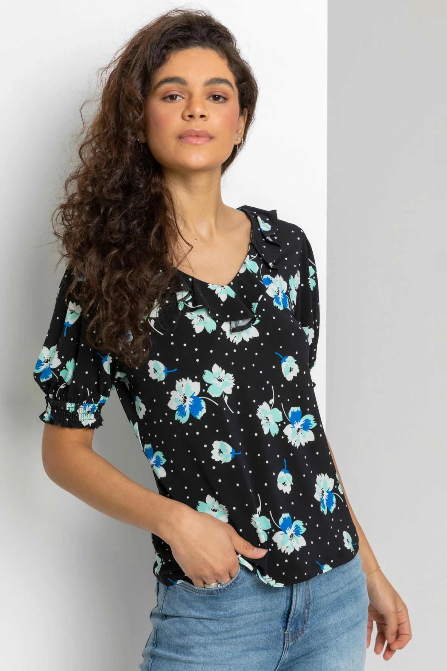 Roman Black Floral Print Frill Neck Top 3 Roman Black Floral Print Frill Neck Top