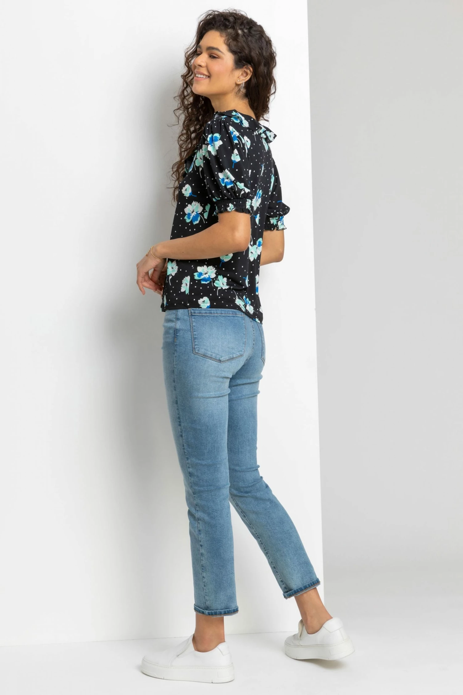 Roman Black Floral Print Frill Neck Top 5 Roman Black Floral Print Frill Neck Top - Image 3