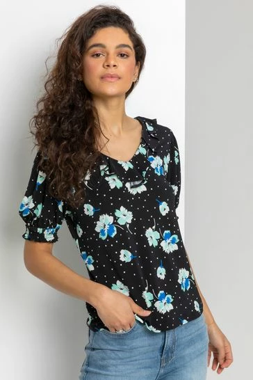 Roman Black Floral Print Frill Neck Top 7 Roman Black Floral Print Frill Neck Top - Image 5