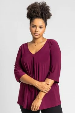 Roman Purple Curve V Neck Pleat Front Top