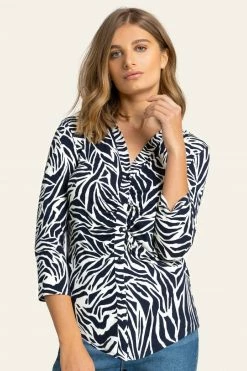 Roman Blue Animal Print Buttoned Jersey Blouse