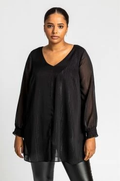 Roman Black Curve Split Front Chiffon Overlay Top
