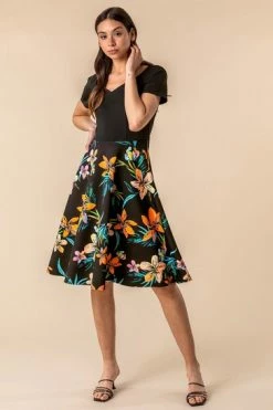 Roman Black Contrast Tropical Print Fit & Flare Dress 11 Roman Black Contrast Tropical Print Fit & Flare Dress -Roman Sales Shop unnamed file 653