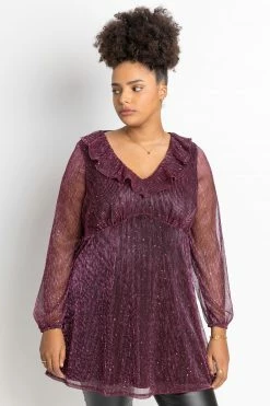 Roman Pink Curve Shimmer Plisse Frill Detail Top