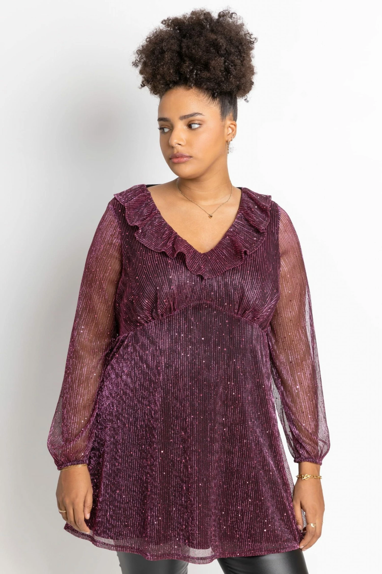 Roman Pink Curve Shimmer Plisse Frill Detail Top 3 Roman Pink Curve Shimmer Plisse Frill Detail Top