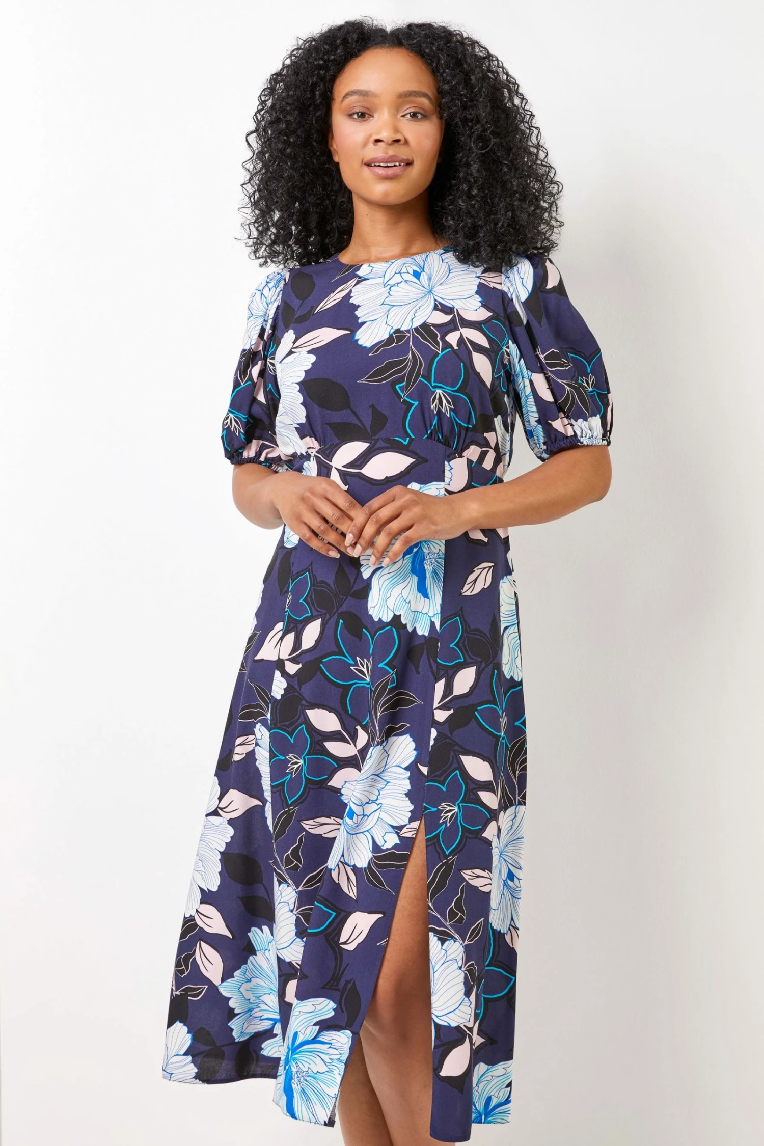 Roman Blue Petite Floral Print Puff Sleeve Midi Dress 3 Roman Blue Petite Floral Print Puff Sleeve Midi Dress