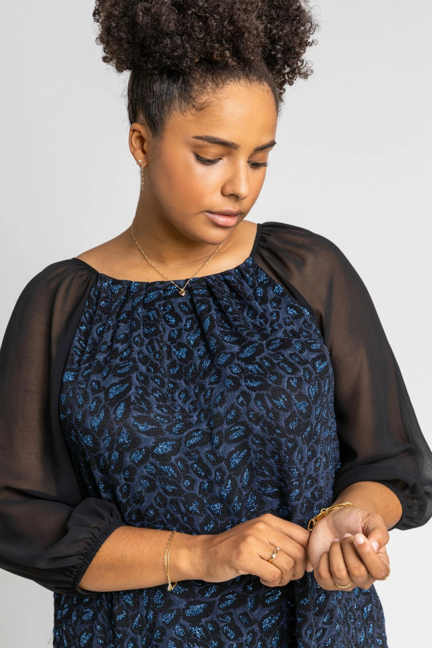 Roman BLUE Curve Glitter Animal Print Pleated Top 4 Roman BLUE Curve Glitter Animal Print Pleated Top - Image 2