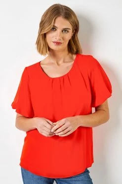 Roman Orange Plain Chiffon Puff Sleeve Top