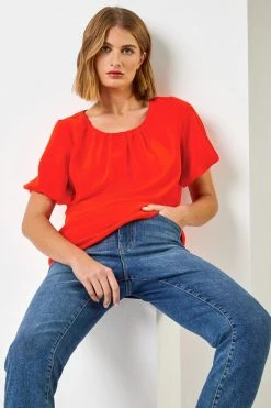 Roman Orange Plain Chiffon Puff Sleeve Top -Roman Sales Shop unnamed file 6553