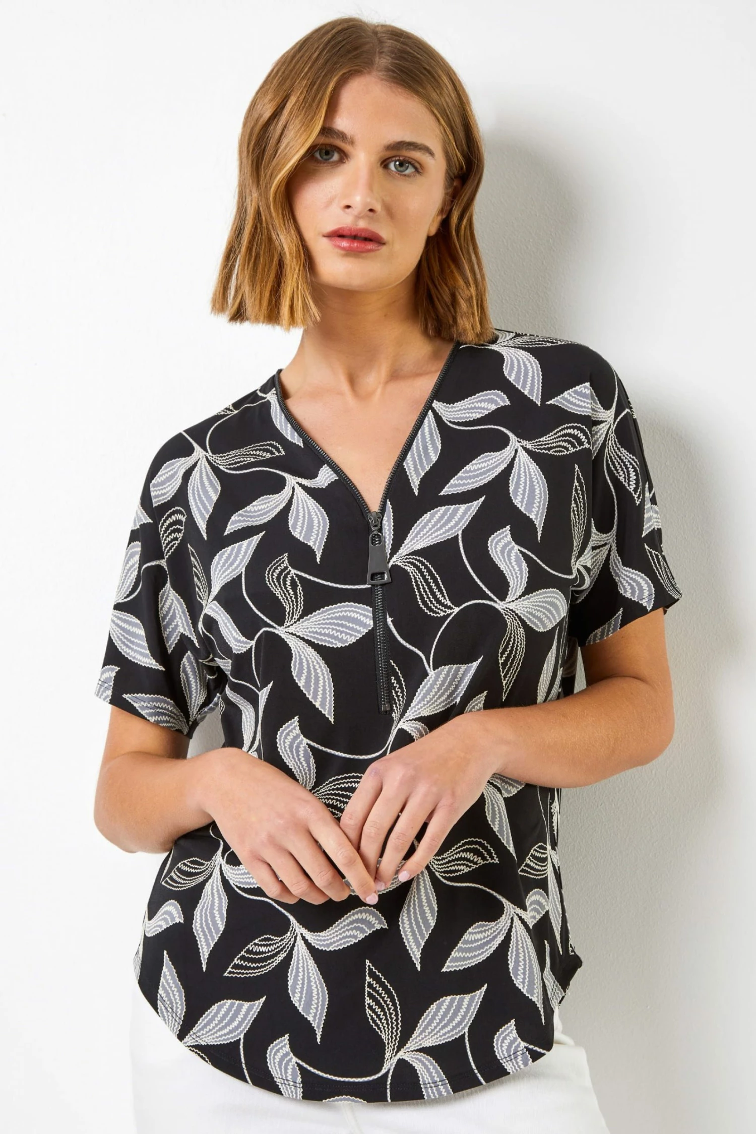 Roman Grey Textured Leaf Print Zip Front Top 3 Roman Grey Textured Leaf Print Zip Front Top