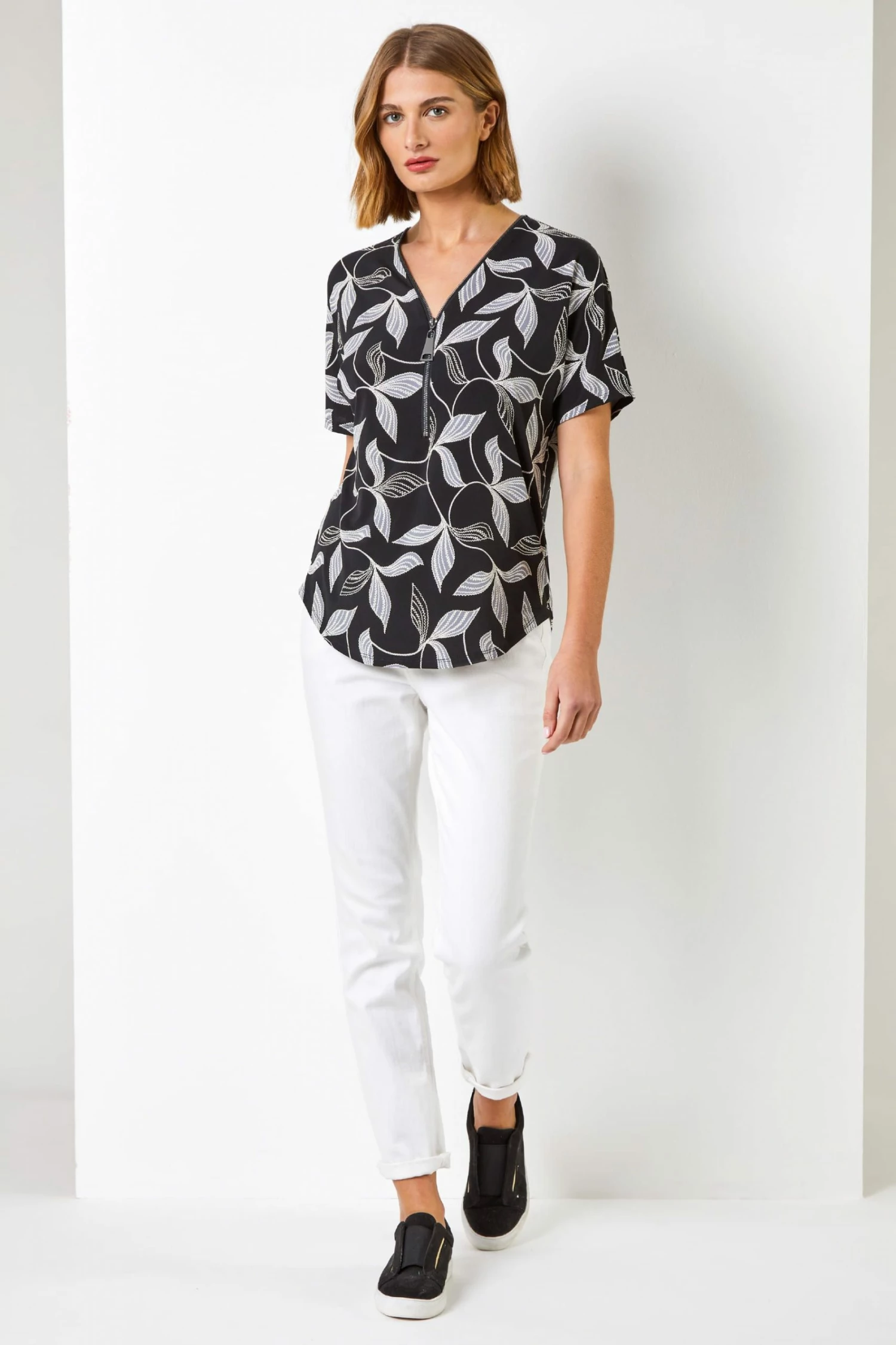 Roman Grey Textured Leaf Print Zip Front Top 4 Roman Grey Textured Leaf Print Zip Front Top - Image 2