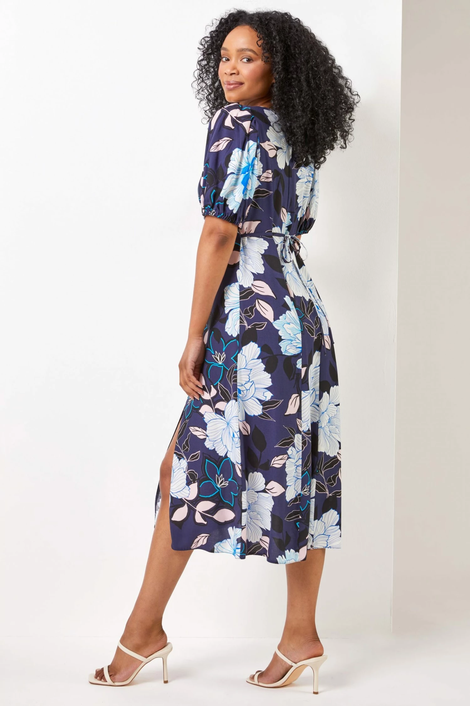 Roman Blue Petite Floral Print Puff Sleeve Midi Dress 5 Roman Blue Petite Floral Print Puff Sleeve Midi Dress - Image 3